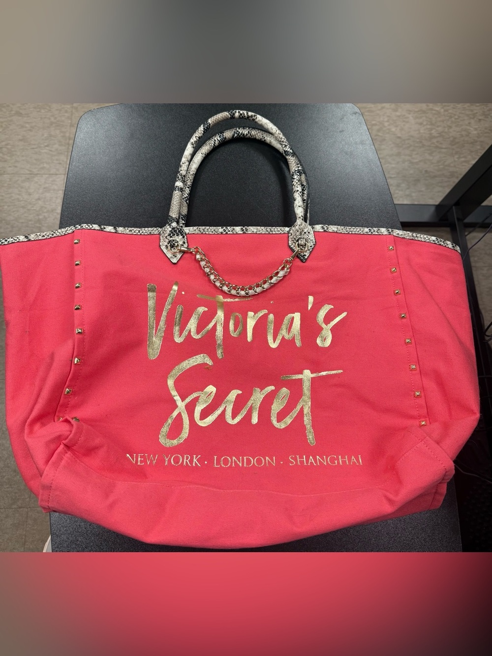 Victoria's Secret Coral Canvas Tote with Snake-Print Handles